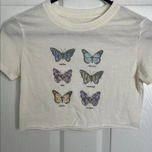 Aeropostale Cream and Blue Crop T-Shirt with Butterfly Design